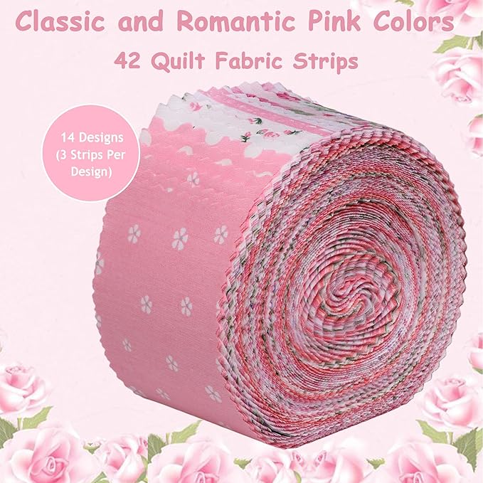 Pink Jelly Rolls for Quilting Clearance, 42 Strip 2.5" x 44" Jelly Roll Fabric clearance, Soft Cotton Strips for Blanket, Rug, Upholstery, Holiday Valentine's Party Decor, Home Décor, and Crafts, Pink