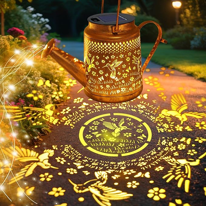 VOOKRY 2 Pack Hummingbird Metal Solar Watering Can Lights, Solar Lights Outdoor Waterproof, Birthday Gifts for Women Mom Grandma Christmas, Hanging Lanterns Garden Decor for Outside Yard Patio Lawn