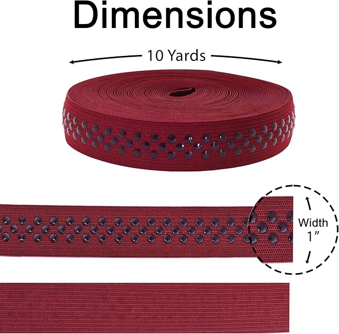 Mandala Crafts 1 Inch Elastic Silicone Gripper Tape for Clothing - 10 Yds Dotted Non Slip Elastic Band for Sewing - Burgundy Silicone Flat Fabric Stretchy Ribbon Straps