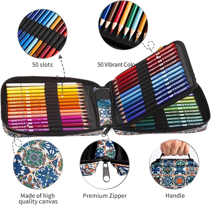 KALOUR Premium Colored Pencils for Adult Coloring Book,Set of 50 Colors,with Zipper Slot Pencil Case,Soft Core,Ideal for Layering Blending,for Artists Beginners