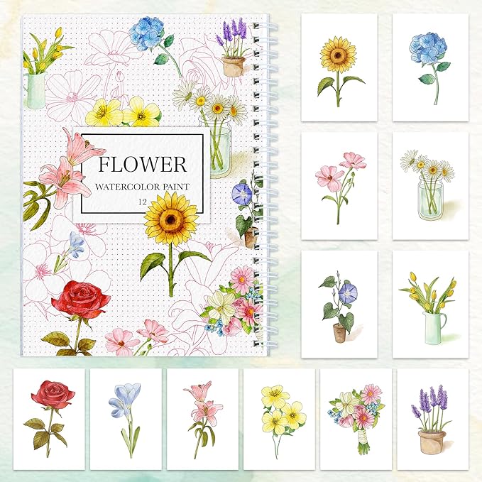 Watercolor Workbook for Beginners with Step-by-Step - 12 Watercolor Coloring Pages - 100% Cotton 300gsm/140lb Watercolor Paper - Gift for Women,Adults, Teens (Flower)