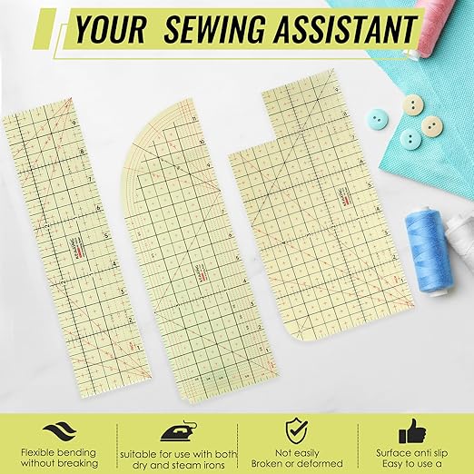 3 Pieces Hot Hem Ruler for Sewing Ruler Heat Resistant Ruler for Quilting and Sewing Tool Thin Pattern Making Clean Measuring Non-Slip Pressing Tool