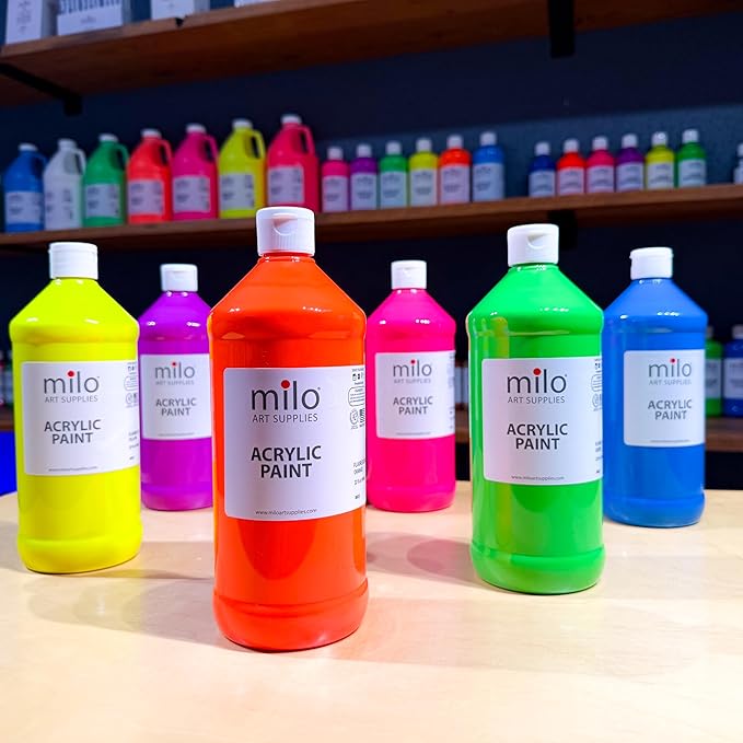 milo Fluorescent Acrylic Paint Set of 6 Colors | 32 oz Bottles | Student Neon Colors Acrylics Painting Pack | Glows UV in Black Light | Non-Toxic Art & Craft Paints for Artists & Hobby Painters | Made in USA