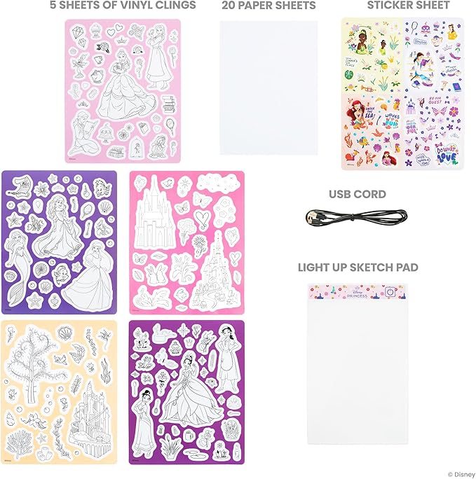 Fashion Angels Disney Princess Light Up Sketchpad, Kids Design Kit with Illuminated Tracing Pad, 5 Reusable Clings, Sticker Sheet & More for Girls Ages 8+