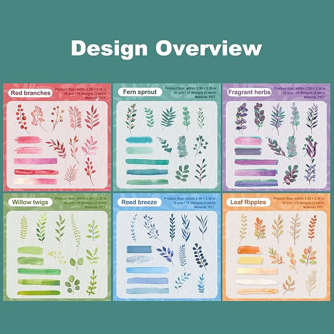 180PCS Botanical Leaf PET Stickers, Watercolor Plant Layering Tabs for Scrapbook Journal Planners and DIY Crafts