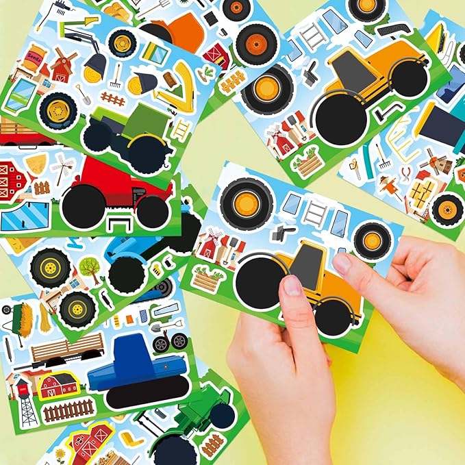 24 Sheets 8''×6'' Make Your Own Farm Tractor Stickers for Toddlers Kids Party Favors, Make a Face Sticker, Fall Autumn Stickers for Kids Farm Themed Birthday Party Favors Supplies Crafts (8 Designs)
