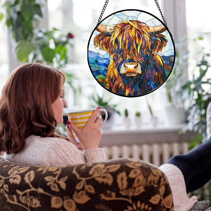 Stained Glass Window Hanging - Highland Cattle Suncatcher for Door Terrace Garden Home Decor Western Style Brown Cow Sun Catcher Birthday Gifts for Lovers Women Men Dad Mom Nana 15 in