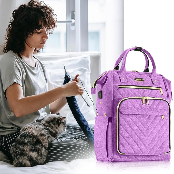 Knitting Bag Backpack, Crochet Bag Tote, Yarn Organizer with USB Charging Port, Christmas Gifts Large Travel Knit Storage Tote for Crochet Hooks, Knitting Needles, Yarn Supplies, Purple