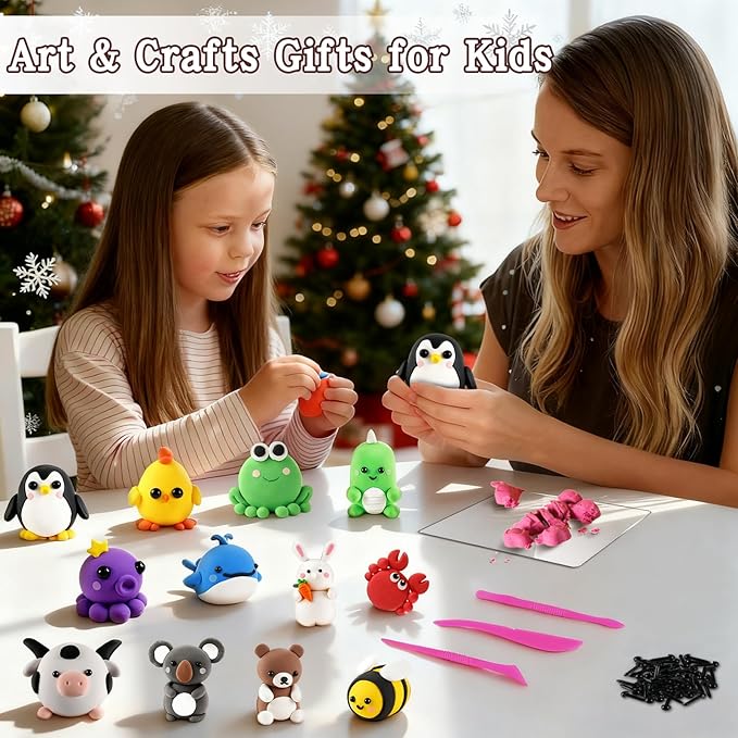 Christmas Air Dry Modeling Clay for Kids, Polymer Clay Kit Super Light & Soft DIY Play Dough Animals Crafts Set, Creatibles Art and Crafts Christmas Gifts for Beginners Kids Boys Girls