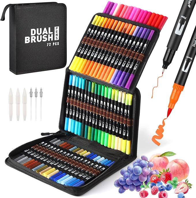 Coloring Pens,72 Dual Tip Brush Markers with Fineliner & Brush Felt Tip Pens Set, Art Watercolour Marker with Case for Adults Kids Colouring Calligraphy Drawing Sketching