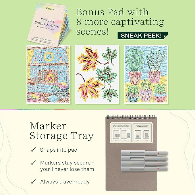 Lifelines FlowArt Activity Pad, 2-Pack & Bonus Pad - Guided Dot Art Meditations with Markers - Dot-by-Letter & Stamp-by-Shape Coloring Books for Tweens, Adults & Seniors
