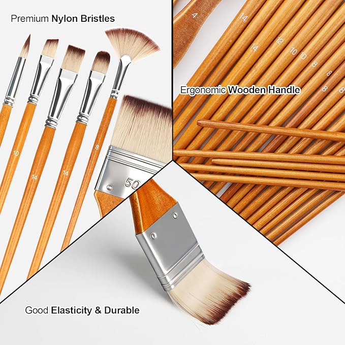 25pcs Paint Brush Set, Professional Paint Brushes with Canvas Roll and Palette Knife, Acrylic Paintbrush Kit for Artist,Watercolor,Oil,Gouache