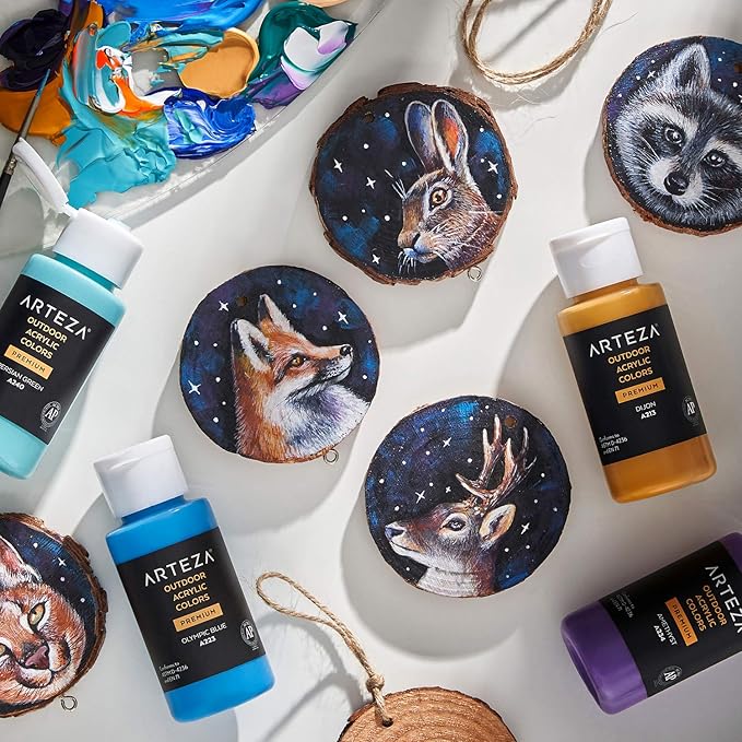 ARTEZA Outdoor Acrylic Paint Set, 20 Colors, 2 ounce Bottles, Multi-Surface Paints for Rock, Wood, Fabric, Leather, Paper, Canvas and Wall Painting