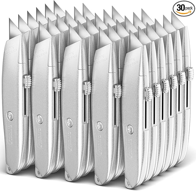 DIYSELF 30 Pack Box Cutter Heavy Duty Aluminium Shell Utility Knife | SK5 Steel Sharp Blade | Retractable Knife for Cutting Cartons Ropes and Cardboard | Home and Office Use, PVC Pipe Cutter(Silver)