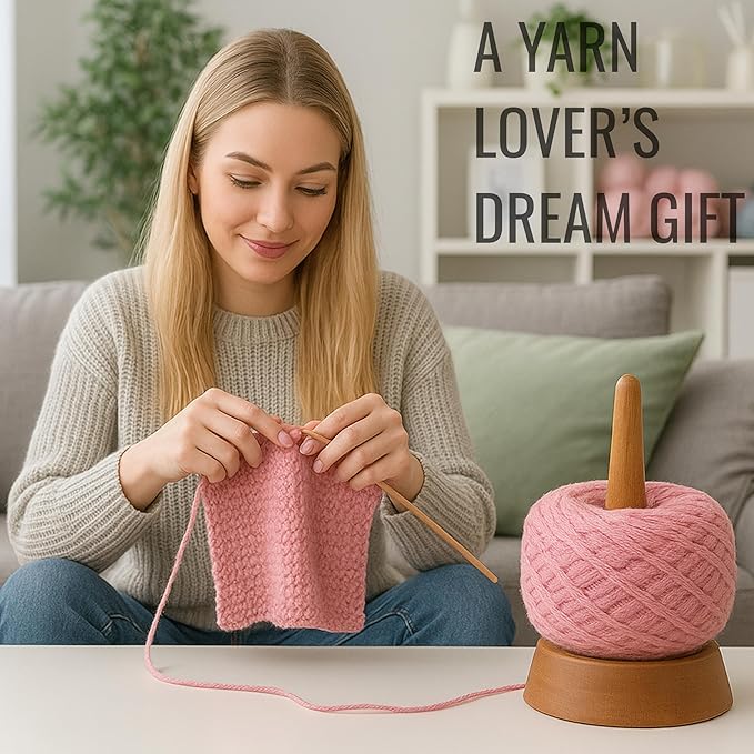 Kraftica Beech Wood Yarn Holder, Tangle-Free Yarn Spinner for Knitting & Crochet with Smooth-Rotation Bearing, Heavy Base, Two Spindles & Anti-Slip Rubber Feet, 22 lb Capacity for Chunky Yarn.