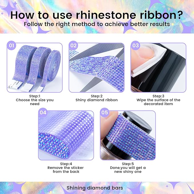 Novani Self Adhesive Rhinestone Ribbon, 0.39 Inch Wide 3 Yards 1 Roll, Deep Purple AB Crystal Diamond Bling Strips for DIY Crafts, Glitter Resin Rhinestones Tape for Crafting, Car Decoration