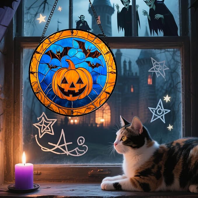 Stained Glass Window Hanging - Halloween Evil Pumpkin Suncatcher for Doors Window Garden Indoor Spooky Brown Bat Sun Catchers Gothic Decor Horror Gifts for Women Men Friend Boy Girl 11.8 in