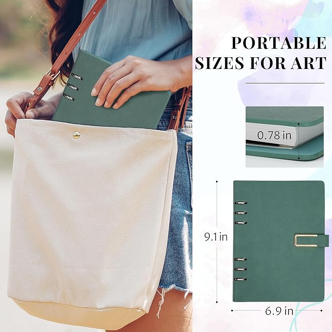 Vienrose 9" x 7" 3 Ring Watercolor Sketchbook, Faux Leather Cover Professional Art Journal with Detachable 24 Sheets 48 Pages, Ideal for Water Coloring, Sketching, Painting, Turquoise