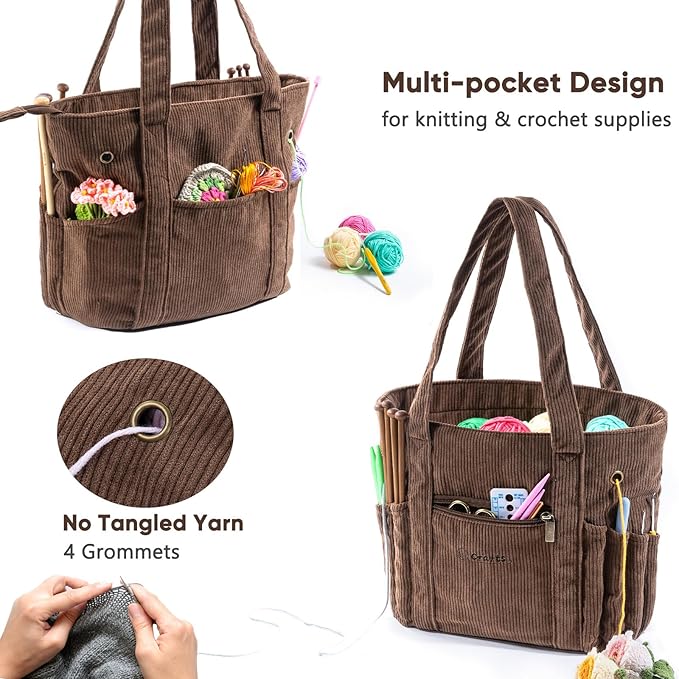Crochet Bag and Tote - Corduroy Yarn Bag - Yarn Holder for Crocheting - Crochet Storage Bag for Crochet Hooks, Crochet Accessories, Knitting Bag for Crochet Lovers, Mother's Day Gift