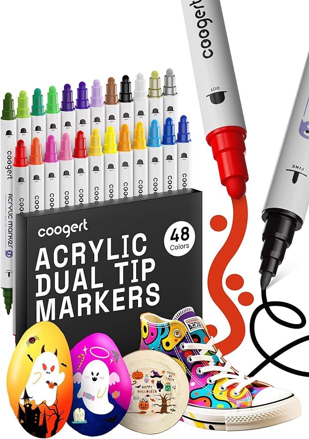 48 Colors Dual Tip Acrylic Paint Markers,Fine Tip and Dot Tip Acrylic Paint Pens For Rock Painting, Canvas, Wood, Glass, Ceramic, Fabric, Plastic, Egg, Art Painting Supplies Kit
