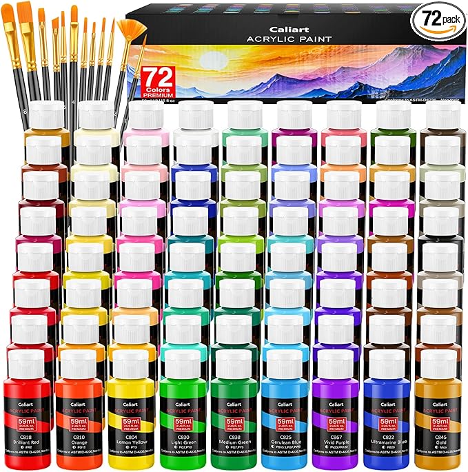 Caliart Acrylic Paint Set with 12 Brushes, 72 Colors (59ml, 2oz) Art Craft Paints Gifts for Artists Adults Beginners Painters, Pumpkin Canvas Ceramic Wood Rock Painting Kit Art Supplies