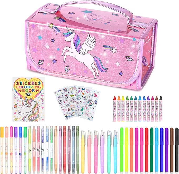 Washable Scented Markers Set for Kids - Unicorn Coloring Art Supplies Set for Kids Ages 4-8 Birthday Gifts for 4-8 Year Old Girls Unicorn Pencil Case 54 PCS