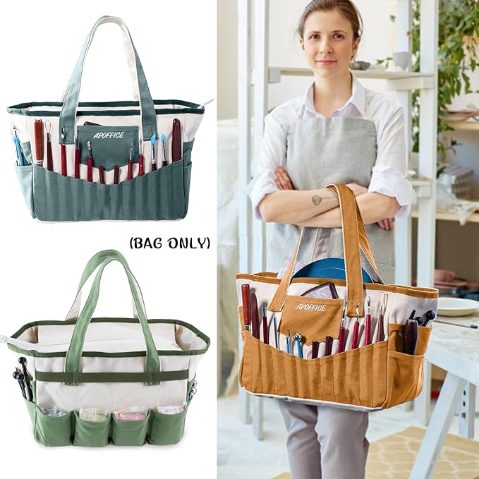 APOFFICE Pottery Tools Bag with Pockets for Clay Sculpting Tools, Ceramic Tools– Art Supply Organizer for Polymer Clay Tools, Craft Tote, Yarn & Crochet Storage, Washable Canvas Artist Bag Gift