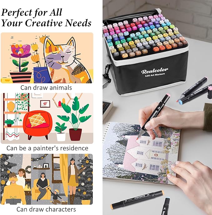 120 Alcohol Markers Set,Dual Tip Art Markers for Adult Coloring, Alcohol Marker Set for Drawing,Coloring,Sketching,Card Making,Illustration, Ideal for Artists, Designers & Crafters