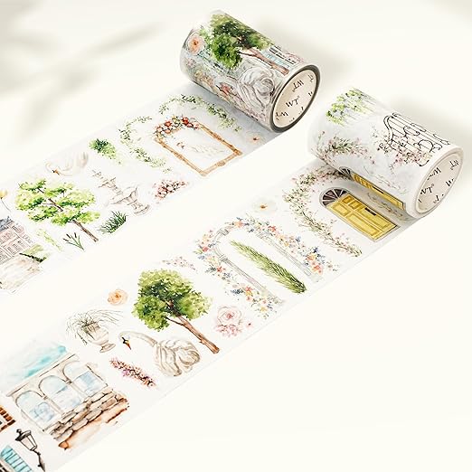 WT Pre-Cut French Courtyard Wide PET Tape, Single Roll, Romantic European Courtyard Style with Floral Designs, Transparent Decorative Tape for Journaling, Scrapbooking, Planner, DIY Crafts