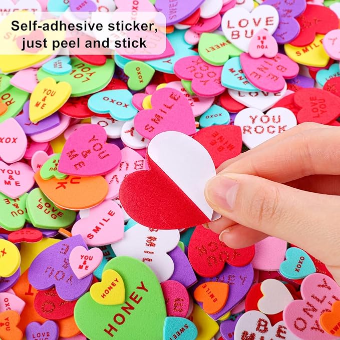 Fovths 500 Pieces Valentine Heart Foam Stickers Glitter Self-Adhesive Heart Shape Stickers Conversation Stickers for Greeting Cards, DIY Scrapbooking, Arts Craft Supplies, Assorted Sizes