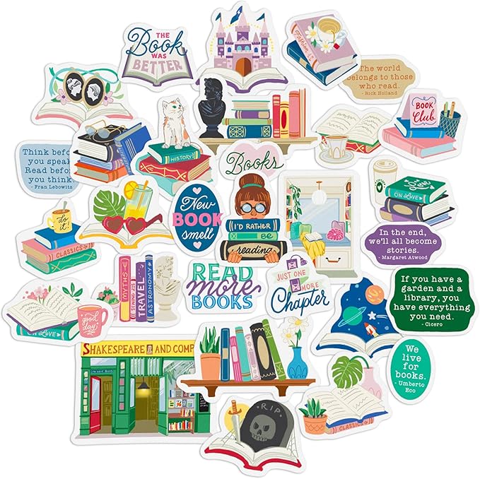 Navy Peony Cozy Book Lover Stickers (30 Pieces) - Reading Quotes, Calming, Waterproof | Library Stickers for Laptops, Water Bottles, Scrapbooks