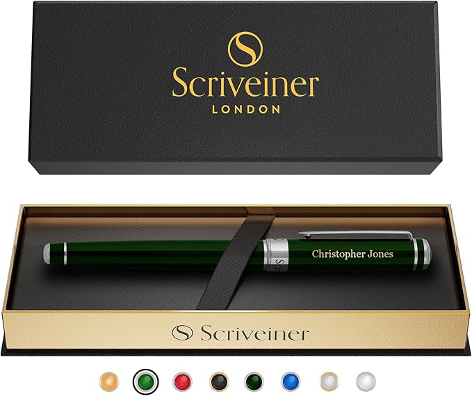 Scriveiner Personalized British Racing Green Rollerball Pen - Stunning Green Lacquer Luxury Pen with Chrome Finish, Schmidt Ink Refill, Engraved Roller Ball Gift Set for Men & Women, Custom Engraving