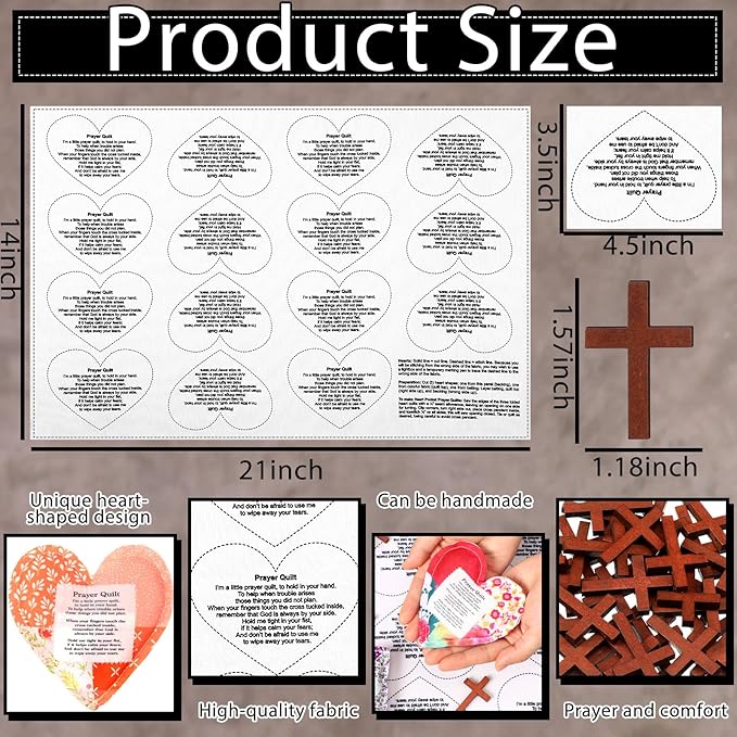 Pocket Prayer Quilt Panel Squares with Small Wooden Crosses Mini Scripture Pocket Prayer Quilt for Friend Family Religious Spiritual Gift Easter Reward Gift(Heart,Brown)
