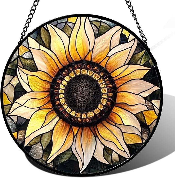 Stained Glass Window Hanging - Sunflower Suncatcher for Door Garden Patio Retro Flower Sun Catchers Decor Christmas Mother's Day Birthday Gifts for Women Mom Nana Friend Wife 15 in