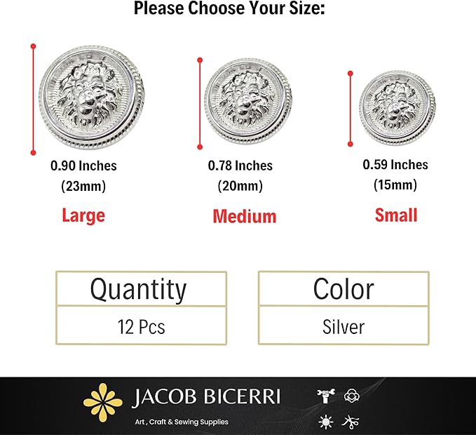 Lion Silver Metal Shank Buttons - 12 Pcs - 3 Size Options - Luxury Crown Round Wave Metal Shank Buttons for Men Women Blazer Coat Uniform Shirt Suit and Jacket Sewing Craft DIY N7202