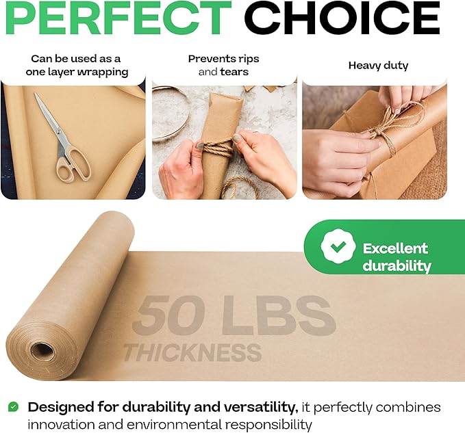 Brown Paper Roll 24" x 1200" (100 feet) with Cutter - USA-Made Wrapping Kraft Paper for Packing, Moving, Shipping & Crafts/Arts - 100% Recyclable Natural Craft Material by IDL Packaging