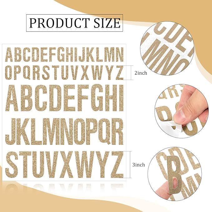 8 Sheet Glitter Letter Stickers Vinyl Alphabet Stickers Waterproof Self Adhesive Stick on Letters for Poster Bulletin Board Mailbox School Classrooms Decor(1 Inch, 2 Inch,Champagne Gold)