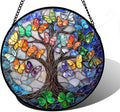 Stained Glass Window Hanging, Butterfly Tree Clover Sun Catchers Glass Panel Blue Suncatcher Decor for Birthday for Women, Men, Wife, Aunt, and Mom 11.8x11.8 in