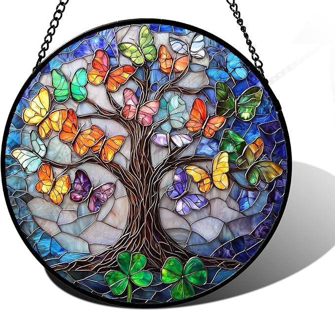 Stained Glass Window Hanging, Butterfly Tree Clover Sun Catchers Glass Panel Blue Suncatcher Decor for Birthday for Women, Men, Wife, Aunt, and Mom 11.8x11.8 in