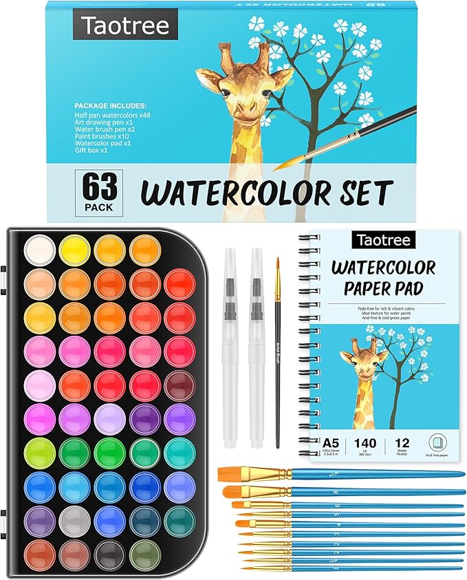 Taotree Watercolor Paint Set, 48 Colors Watercolors Kit Water Colors with 10 Paint Brushes, Brush Pens, Palette, Drawing Pad, Painting Supplies, Christmas Gifts for Adults Artist Drawing, Painting