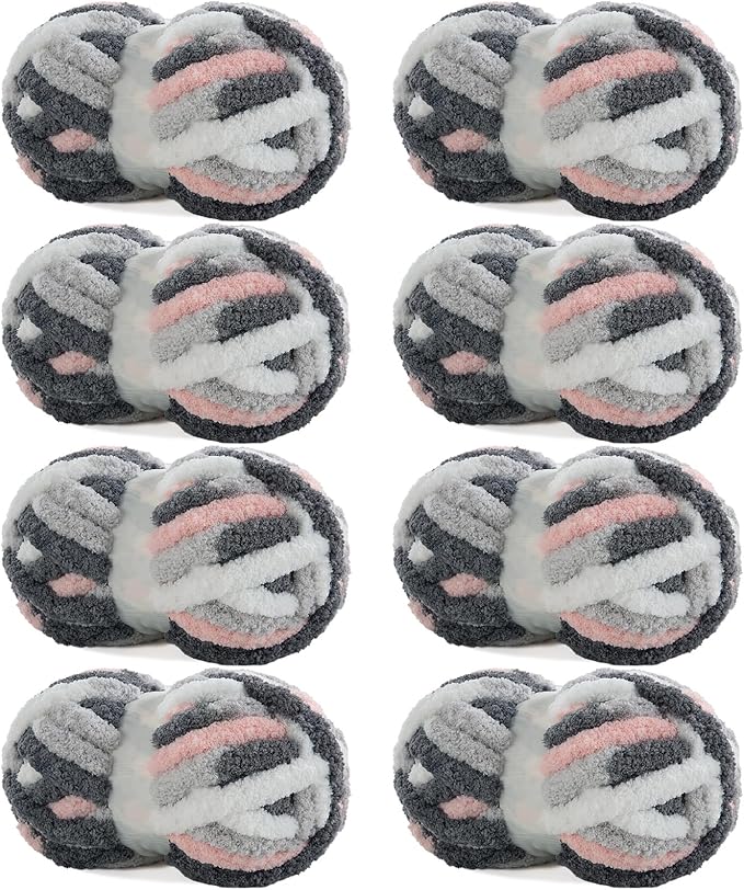 Hombys 8 Pack Giant Chunky Yarn for Crocheting/Hand Knitting - Super Bulky, Soft, Fluffy, Plush Fuzzy Yarn - Tie Dye, Mixed Color Thick Chenille - Dark Grey, Pink, White