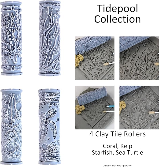 Tidepool Collection Clay Texture Rollers 4-Pack (4") - Ocean Set #01 - Embossing Pattern Rollers for Polymer & Ceramic Clay, Pottery & Crafts