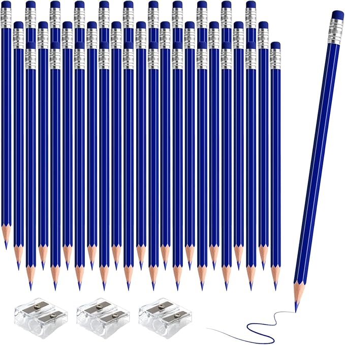 36 PCS Dark Blue Checking Pencils Erasable Colored Pencils with Eraser Pre-Sharpened 2 HB for Checking, Grading, Tests & Office/School Supplies (Dark Blue)