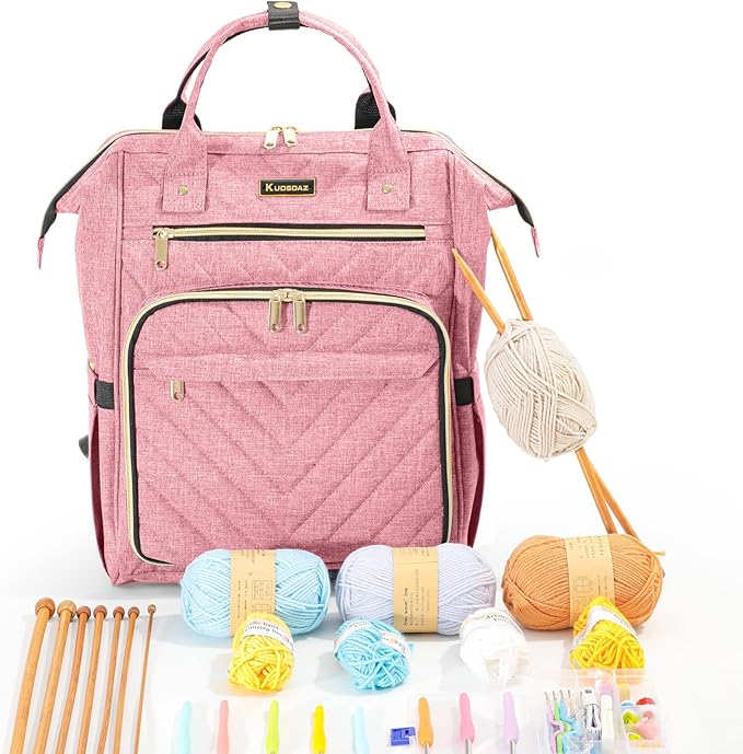 Kuosdaz Knitting Bag Backpack, Crochet Bag Tote, Yarn Organizer with USB Charging Port, Christmas Gifts Large Travel Crochet Storage Tote for Crochet Hooks, Knitting Needles, Yarn Supplies, Pink