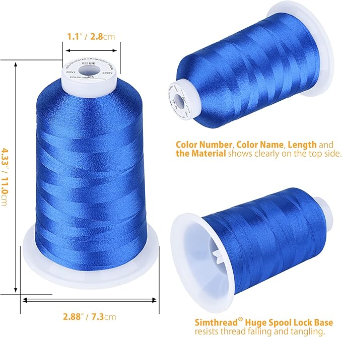 Simthread Embroidery Thread 5500 Yards Blue 405, 2 Huge Spools 40wt Polyester for Brother, Babylock, Janome, Singer, Pfaff, Husqvarna, Bernina Machine