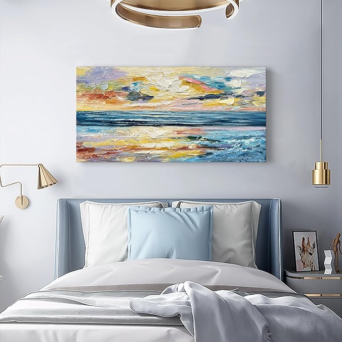 Art Hand Painted Ocean Landscape Oil Painting Sea Sunset Landscape Modern Abstract Art Home Wall Decoration 24x48 Inches