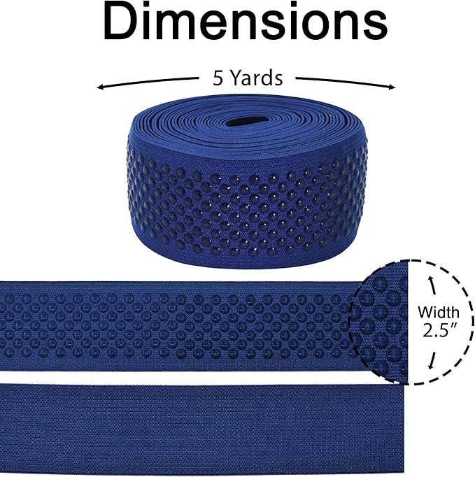 Mandala Crafts 2.5 Inch Elastic Silicone Gripper Tape for Clothing - 5 Yds Dotted Non Slip Elastic Band for Sewing - Navy Blue Silicone Flat Fabric Stretchy Ribbon Straps