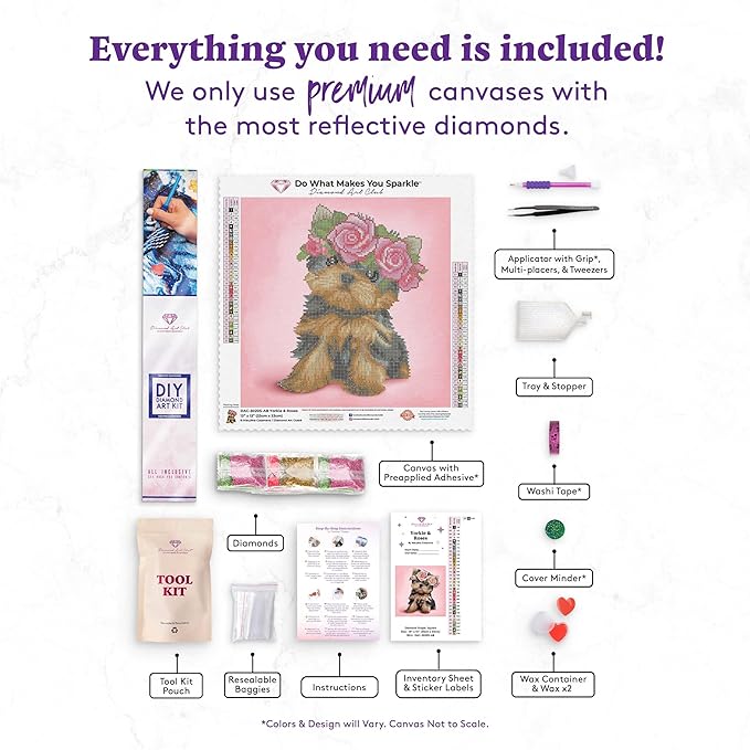 DIAMOND ART CLUB Yorkie & Roses Diamond Painting Kit, Fun DIY Crafts for Adults, Square Diamond Art Canvas, 13" x 13"