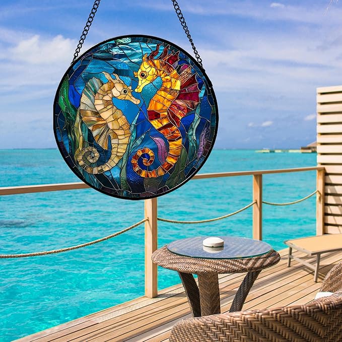Stained Glass Window Hanging - Blue Ocean Orange Seahorse Suncatcher for Door Terrace Garden Home Decor, Marine Life Sun Catcher Birthday Gifts for Lovers Women Men Dad Mom Nana 7.8 in