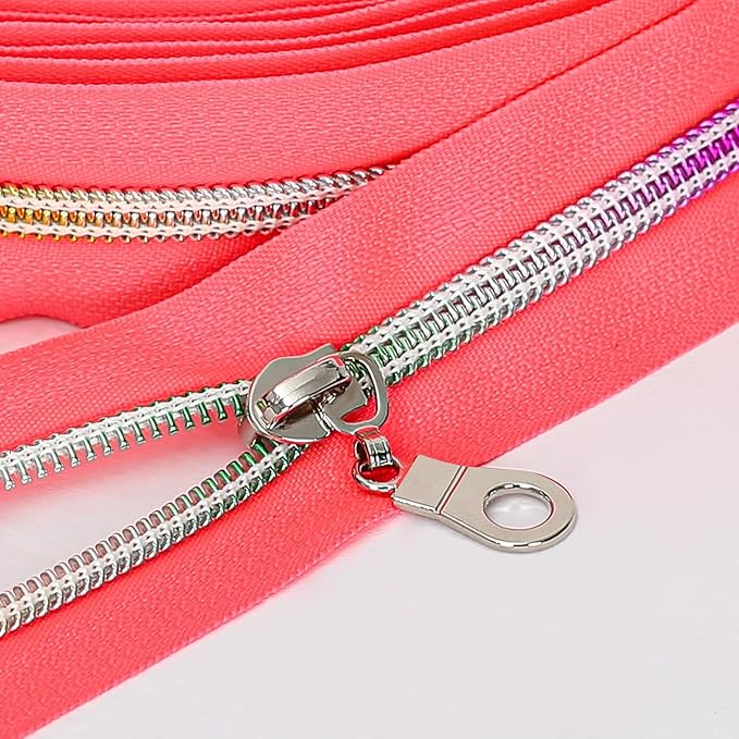 Sawoake 10 Yards Bulk (#5) Pink Nylon Coil Zipper with Colorful Teeth by The Yards, Replacement Sewing Zipper with 10PCS Sliders for DIY Sewing Craft Bags(#5 Colorful Pink)